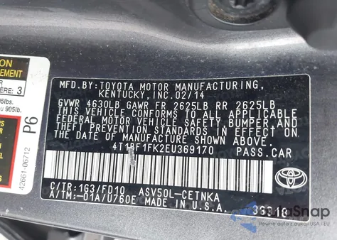2014 Toyota Camry Le from USA, damaged, VIN 4T1BF1FK2EU369170
